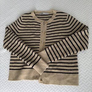 Zara Women's Beige and Black Striped Cardigan